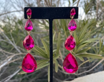 Fuchsia dangle earrings, hot pink rhinestone long earrings, fuchsia prom earrings, magenta earrings
