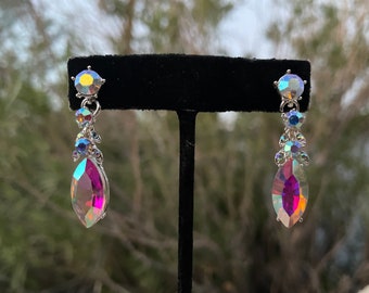 Aurora borealis earrings, ab rhinestone bridal earrings, iridescent wedding earrings, ab bridesmaid earrings, ab clip on flower girl earring