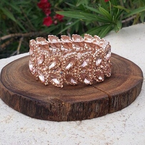 peach bracelet, rose gold rhinestone bracelet, peach crystal bracelet