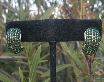 Emerald rhinestone studs, emerald clip on stud earrings, emerald crystal earrings, emerald green hoops