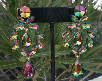 Vitrail crystal earrings, green iridescent earrings, multi color rhinestone earrings, vitrali earrings