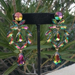 Vitrail crystal earrings, green iridescent earrings, multi color rhinestone earrings, vitrali earrings