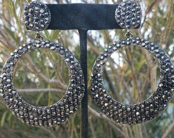 Silver rhinestone hoop earrings, gunmetal rhinestone hoops, black diamond hoops, gray crystal earrings