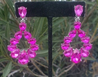 Pink clip on earrings, hot pink earrings, pink rhinestone clip on earrings, hot pink prom earrings