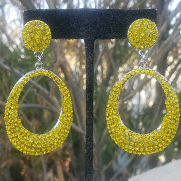 Yellow hoops, yellow rhinestone hoop earrings, citrine yellow earrings