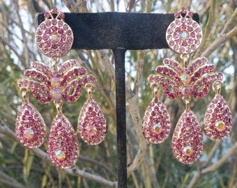 Pink Ab rhinestone earrings, pink chandelier earrings, pink crystal prom earrings