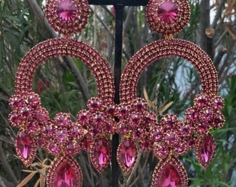 Oversized fuchsia earrings, huge hot pink rhinestone earrings, extra large fuchsia earrings, fuchsia pageant earrings