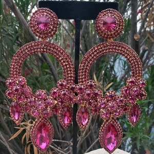 Oversized fuchsia earrings, huge hot pink rhinestone earrings, extra large fuchsia earrings, fuchsia pageant earrings