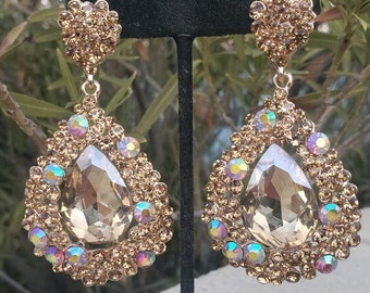 Gold rhinestone earrings, gold pageant earrings, gold Ab earrings, gold large earrings, chunky gold earrings
