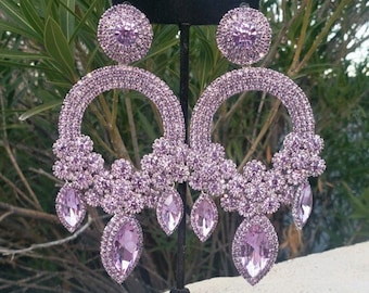 Lavander rhinestone earrings, oversized light purple earrings, extra large lavender chandelier earrings, purple pageant earrings