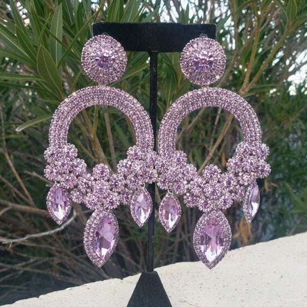 Lavander rhinestone earrings, oversized light purple earrings, extra large lavender chandelier earrings, purple pageant earrings