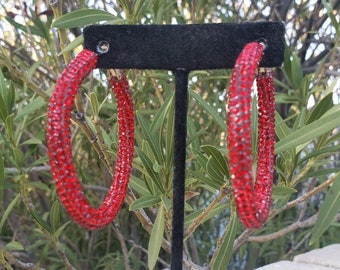 Red rhinestone hoops, red pageant hoops, red fitness competition hoops, red crystal hoop earrings,red prom hoops