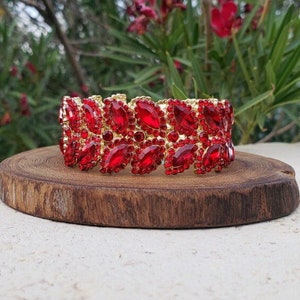 Red bracelet, red rhinestone bracelet, red stretch bracelet, red ballroom bracelet