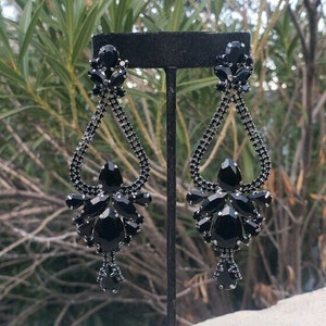 Black chandelier earrings, black rhinestone earrings, black long earrings, black crystal earrings, black prom earrings