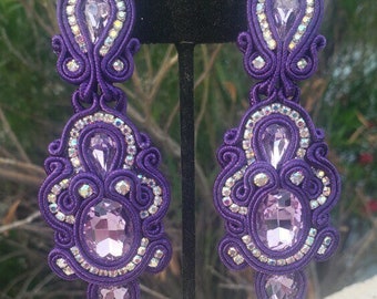Purple clip on earrings, statement clip on earrings, purple long clip on earrings