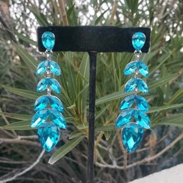 Aqua prom earrings, aquamarine rhinestone earrings, light blue crystal earrings, aqua dance earrings