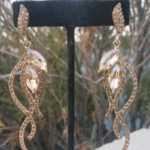 gold cascading earrings, gold rhinestone  earrings, gold state earrings, gold pageant earrings, gold topaz earrings