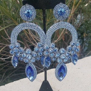 Light blue oversized earrings, extra large blue rhinestone earrings, light sapphire statement earrings, baby blue crystal chandelier earring