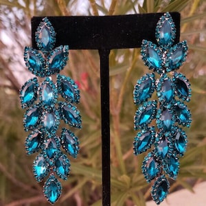 Teal blue earrings, teal rhinestone prom earrings, blue zircon earrings, deep blue earrings