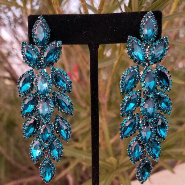 Teal blue earrings, teal rhinestone prom earrings, blue zircon earrings, deep blue earrings