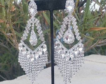 Crystal rhinestone chandelier earrings, statement bridal earrings, long rhinestone pageant earrings