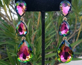 Vitrail clip on earrings, green iridescent crystal earrings,