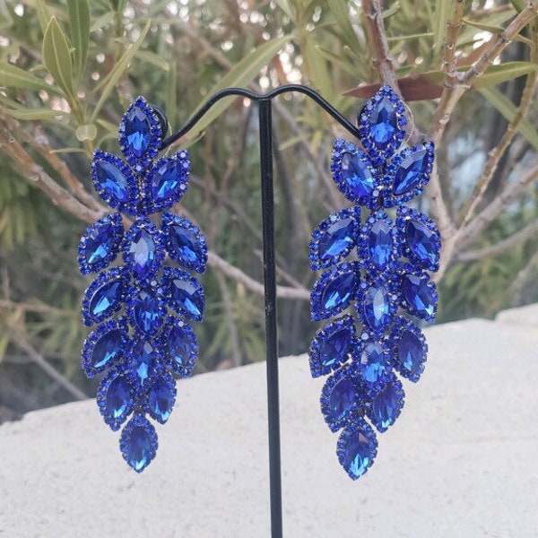 Blue rhinestone earrings, blue stateme earrings, royal blue earrings, blue prom earrings