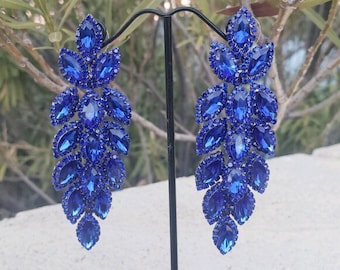 Blue rhinestone earrings, blue stateme earrings, royal blue earrings, blue prom earrings