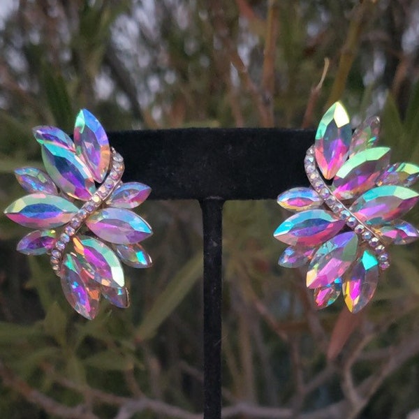 Ab clip on earrings, iridescent clip on earrings, ab pageant clip on earrings