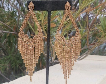 Gold chandelier earrings, gold rhinestone earrings, statement gold earrings, gold fringe earrings, gold fitness competition earrings