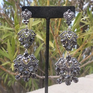 Gunmetal rhinestone earrings, silver crystal earrings, black diamond pageant earrings
