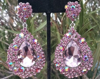 Light pink earrings, rose pink rhinestone earrings, large pink earrings, pink pageant earrings, pastel pink prom earrings, pink crystal