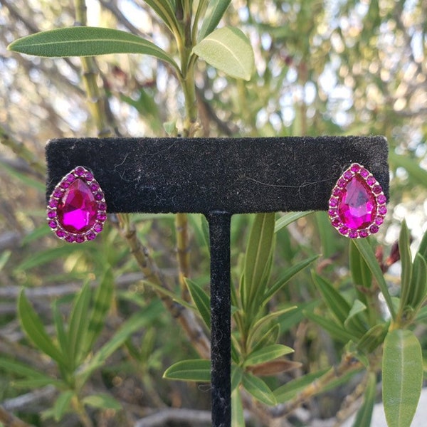 Fuchsia studs, hot pink stud earrings, fuchsia rhinestone studs, fuchsia little girl earrings, fuchsia flower girl stud earrings