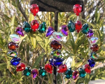 Multi color hoop earrings, multi color rhinestone hoops, multi crystal oversized hoops, color pageant hoops