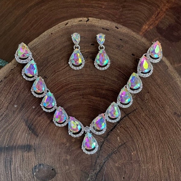 Aurora borealis necklace and earrings set, iridescent necklace set, ab rhinestone bridal necklace set, ab prom necklace and earrings