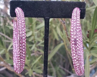 Rose pink hoop earrings, pink rhinestone hoops, light pink hoops