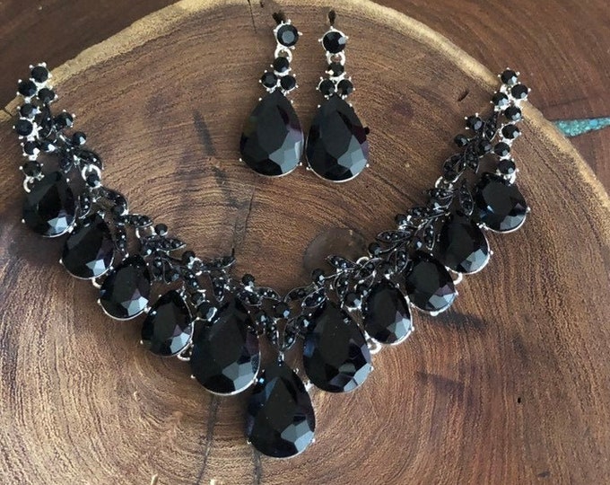 Black Necklace and Earrings Set, Black Diamond Crystal Necklace Set