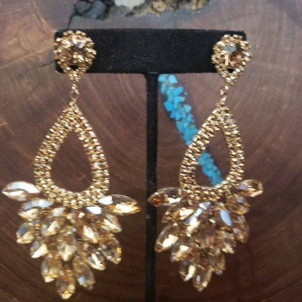 Gold statement earrings, large gold chandelier earrings, gold rhinestone earrings, gold pageant earrings