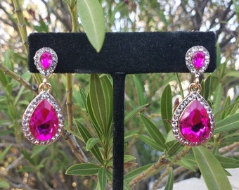 Fuchsia Earrings, fuchsia prom earrings, fuchsia little girl earrings, fuchsia and rhinestone bridal earrings