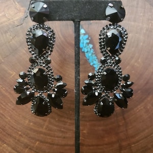 Black statement earrings, jet black rhinestone earrings, extra large black earrings, black pageant earrings