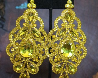 yellow earrings, oversized yellow rhinestone earrings, huge yellow earrings, yellow pageant earrings, yellow crystal earrings