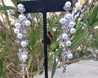 Pearl and rhinestone bridal earrings, crystal and pearl pageant earrings, pearl rhinestone dangle earrings