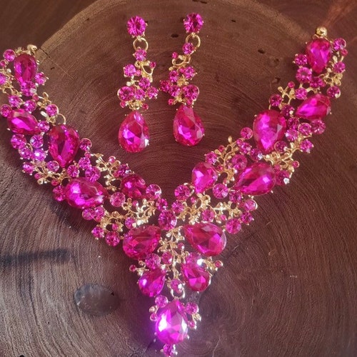 Hot Pink Necklace and Earrings Set Pink Prom Necklace and Etsy