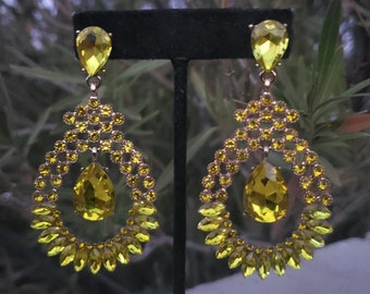 Yellow chandelier earrings, citrine earrings, yellow rhinestone earrings, yellow pageant earrings, yellow earrings