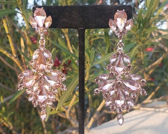 Rose gold rhinestone earrings, peach crystal earrings, morganite crystal earrings, blush rhinestone prom earrings