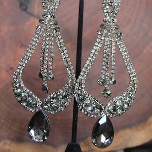 silver rhinestone earrings, wide silver chandelier earrings, grey pageant earrings, extra long gunmetal earrings, oversized earrings