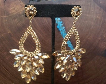 Gold statement earrings, large gold chandelier earrings, gold rhinestone earrings, gold pageant earrings