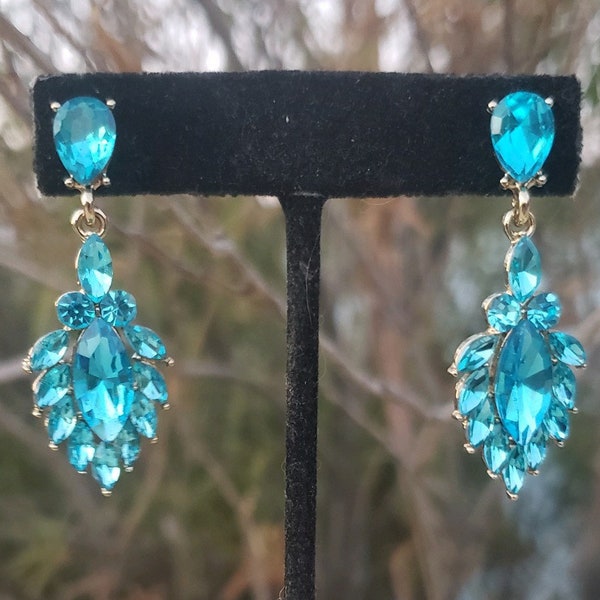 Teal blue earrings, aqua rhinestone earrings, aqua prom earrings