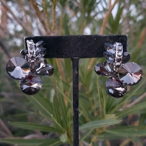 Black diamond clip on earrings, gray crystal stud earrings, silver prom clip on earrings