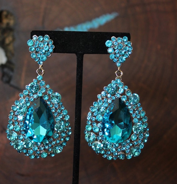1.75” Long Teal Blue Austrian Crystal Pageant Wedding Bridal Chandelier Earrings